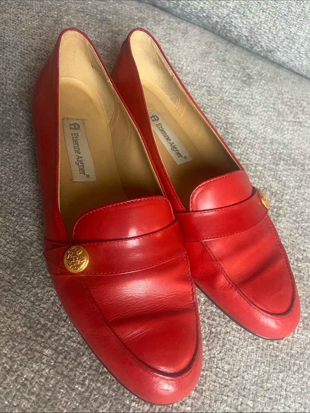 Etienne Aigner Womens Red Leather Slip-On Loafers with Gold Emblem 9 - Picture 12 of 12